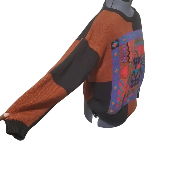 90s IBS Diffusion Vintage Tribal Embroidery Crew Neck Sweater Brown Black Sz 2X - Picture 2 of 5